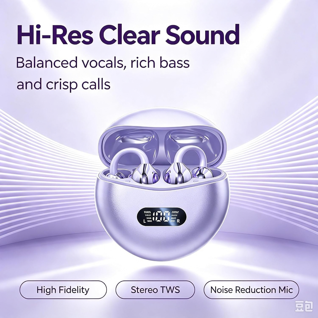 Open Ear Clip On Wireless Earbuds Bluetooth 5.4 Sports Headphones Purple