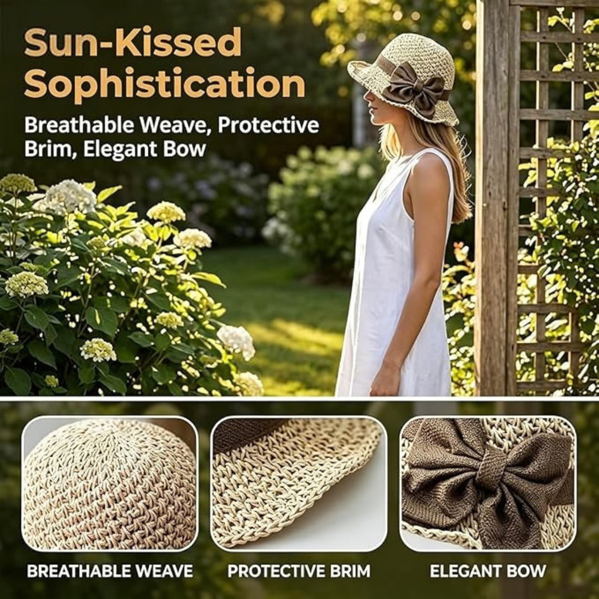 Elegant Woven Straw Sun Hat with Bow, Women Foldable Wide Brim