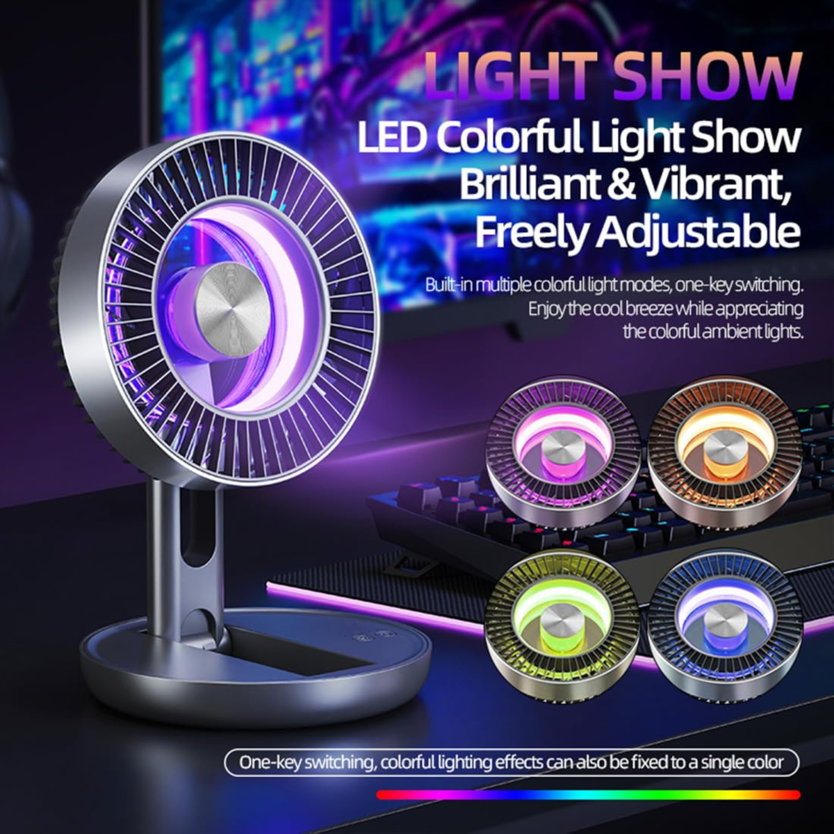 Portable Foldable Table Fan, USB Rechargeable, Quiet Adjustable Standing Fan with LED Light
