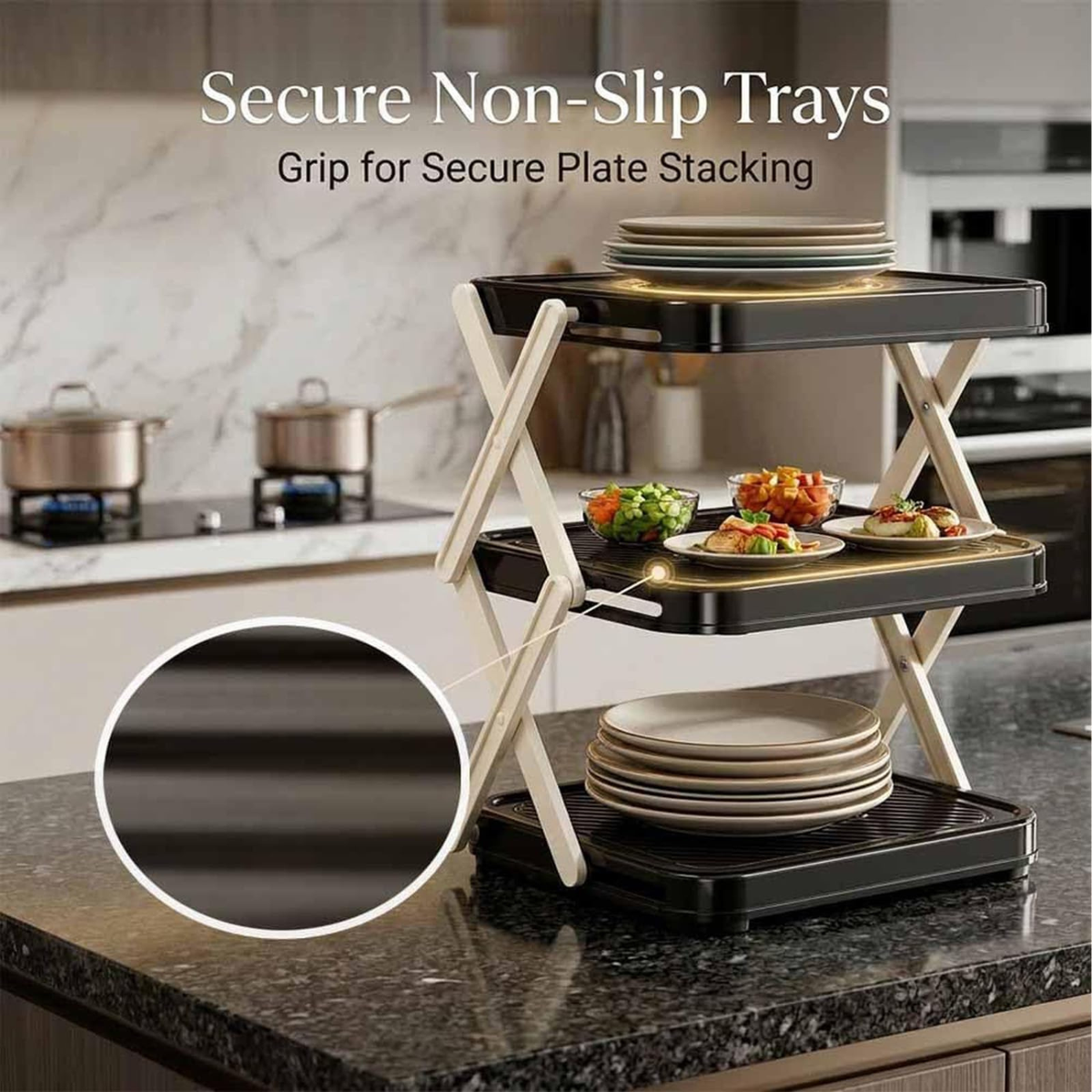 Multi-Layer Foldable Dish Tray Storage Rack, 3-Tier Vertical Plate Organizer for Kitchen