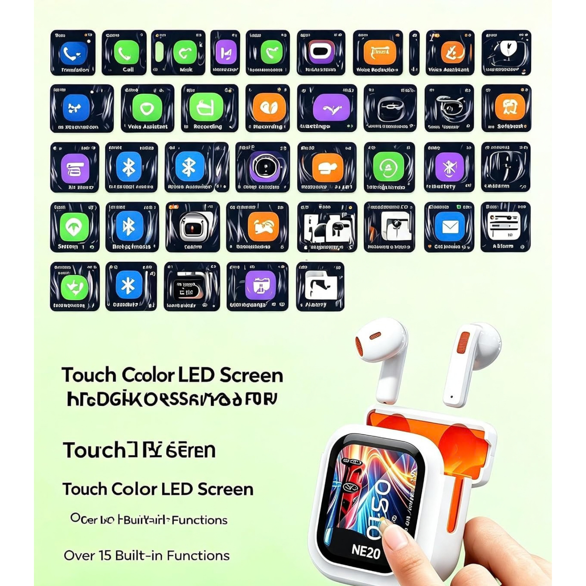 NE20 AI Translation Earbuds, Real-Time Translator, 135 Languages, LCD Touch Screen