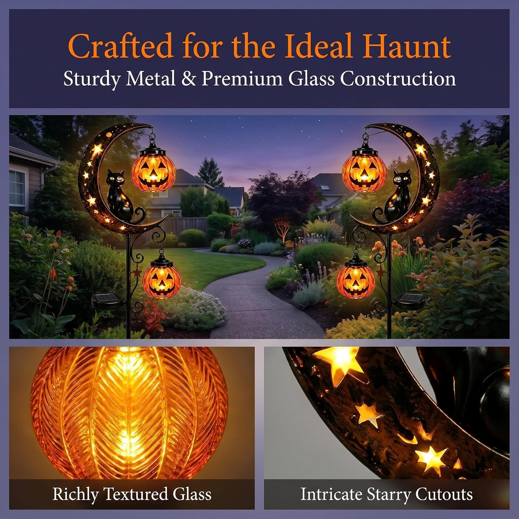Pumpkin Moon Garden Stake Light, Solar Black Cat Pumpkin Halloween Outdoor Decoration