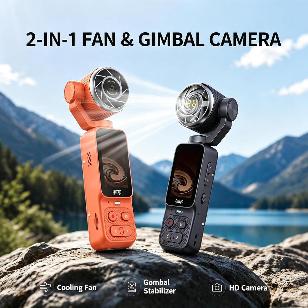 2-in-1 Fan & Gimbal Camera, 180° Flip Lens, 130° Wide Angle, 16X Zoom (Orange)