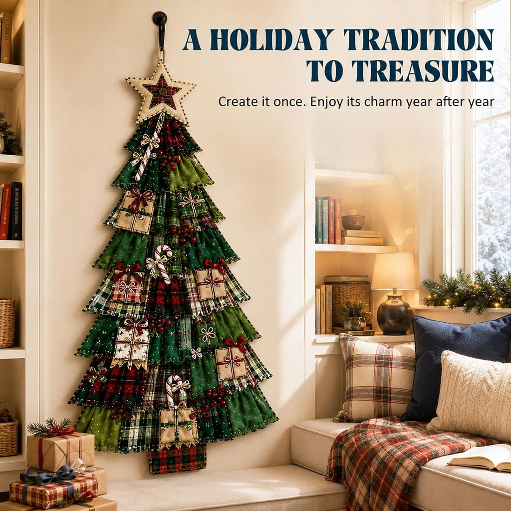 AUOBAG DIY Patchwork Christmas Tree Wall Hanging Kit, US Patriotic (Classic Green-Red)