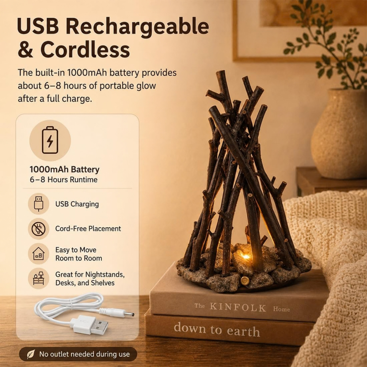 Dimmable Wooden Campfire Led Night Light, Handcrafted Forest Campfire Lamp