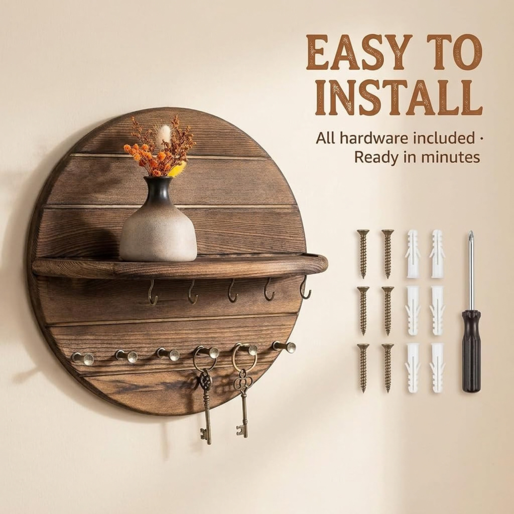 4PCS Key Holder Wall Mount Wood with Shelf and Hooks