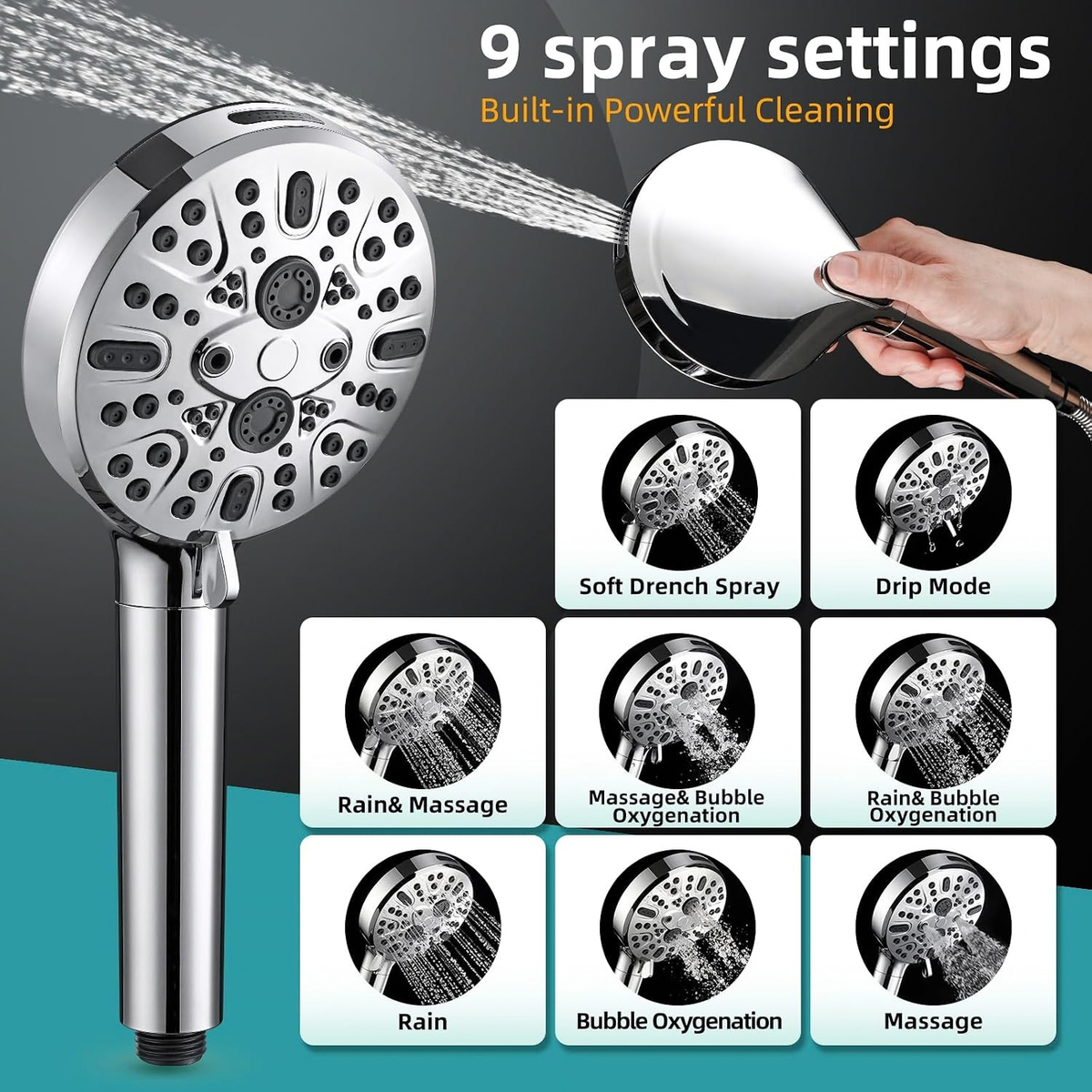 Filtered Handheld Shower Head with 9 Spray Modes and 16-Stage Water Softener