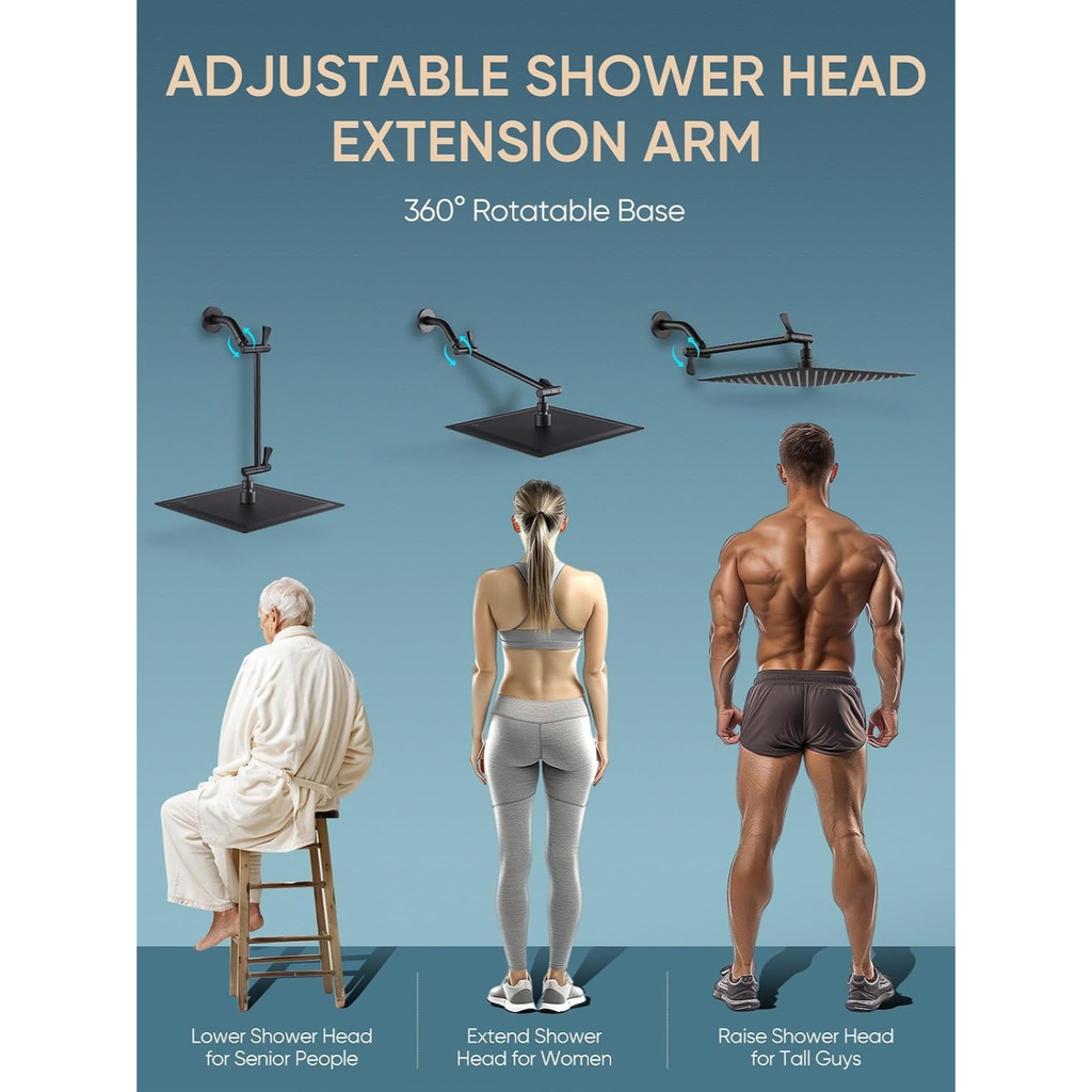 11" Solid Brass Shower Extension Arm, 360° Adjustable, Matte Black Wall Mount