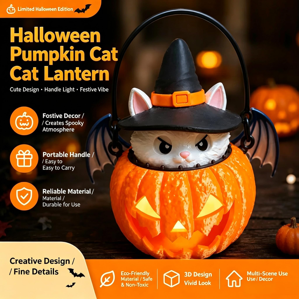 Halloween Cat Pumpkin Light, 3D Printed Witch Cat Tabletop Decor