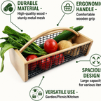 Garden Hod Harvest Basket, Wooden Vegetable Basket with Metal Mesh, Large Capacity