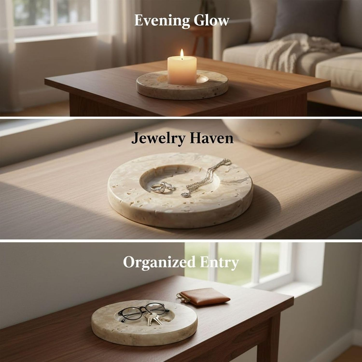 2 Pcs Travertine Marble Candle Holders Round Decorative Trays for Wax and Jewelry Display
