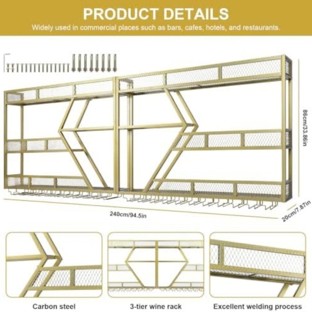 Metal Wine Storage Rack Wall Mounted with Glass Holder & Bottle