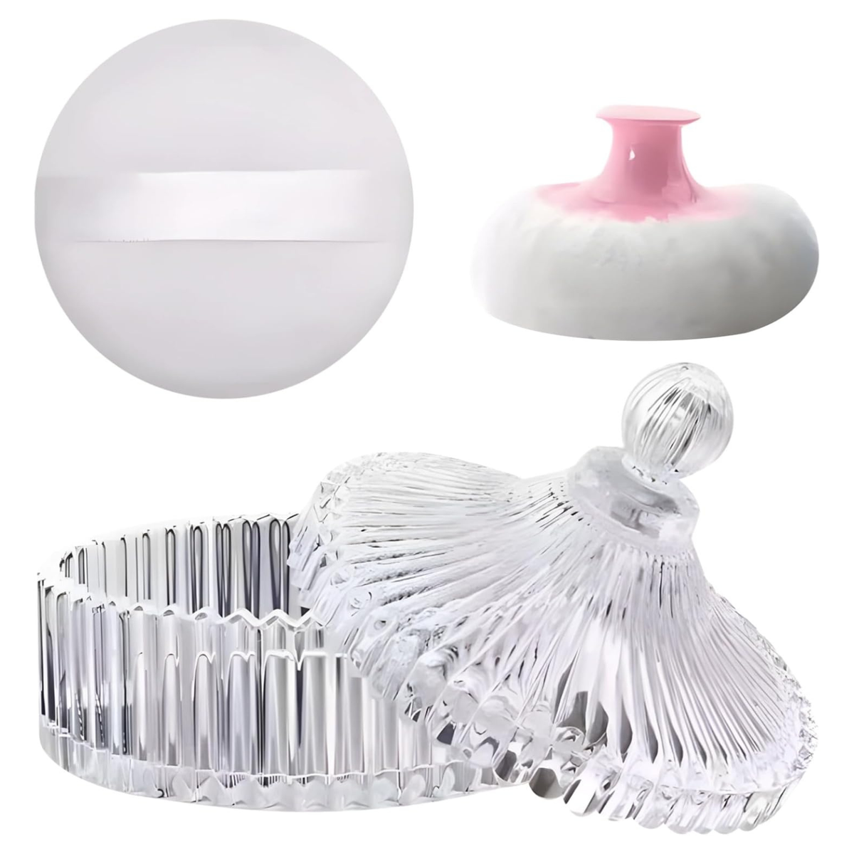 Transparent Striped Glass Fiber Body Powder Puff and Container Set with Large Capacity