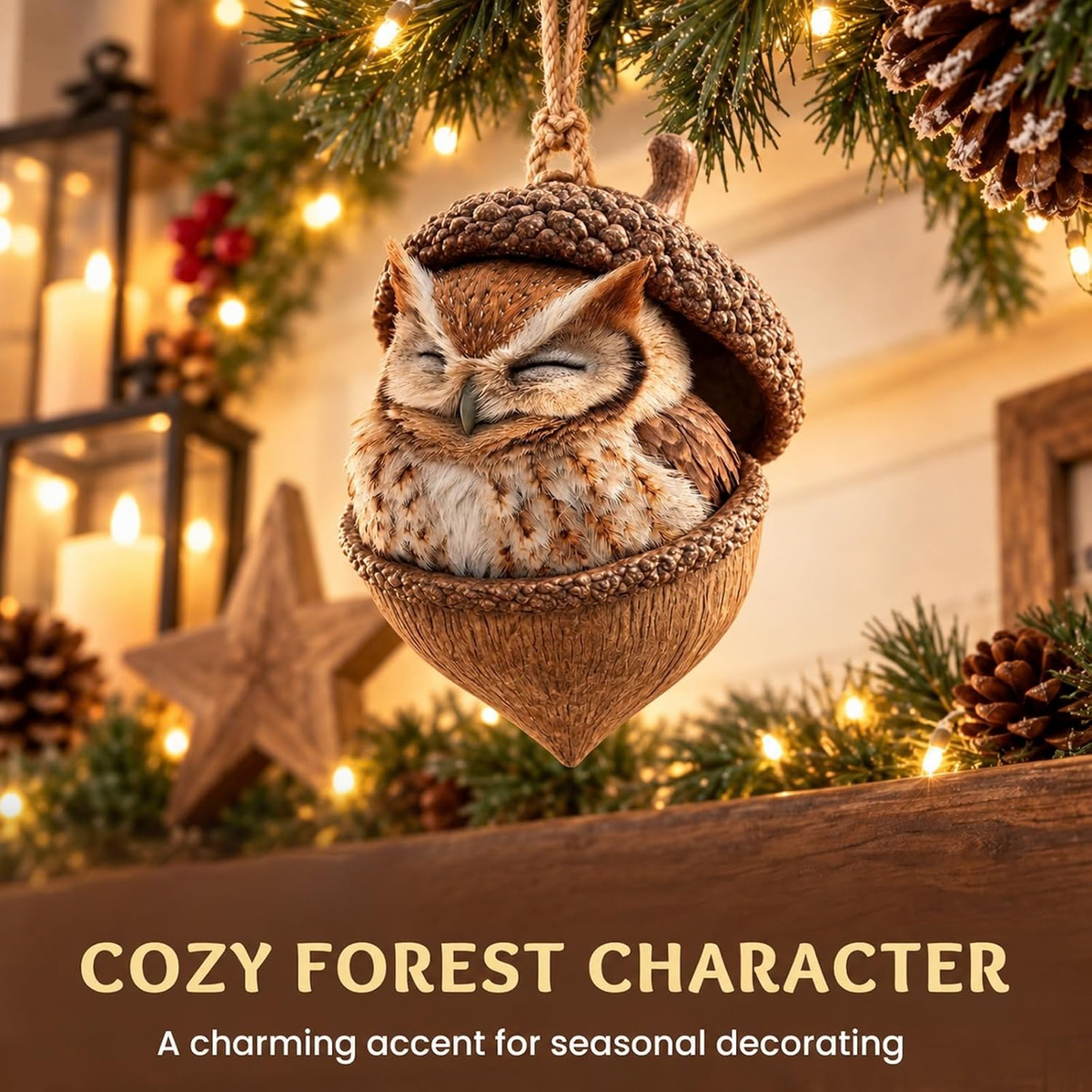 3D Forest Animal Acorn Ornaments, Woodland Hanging Decorations (Owl)