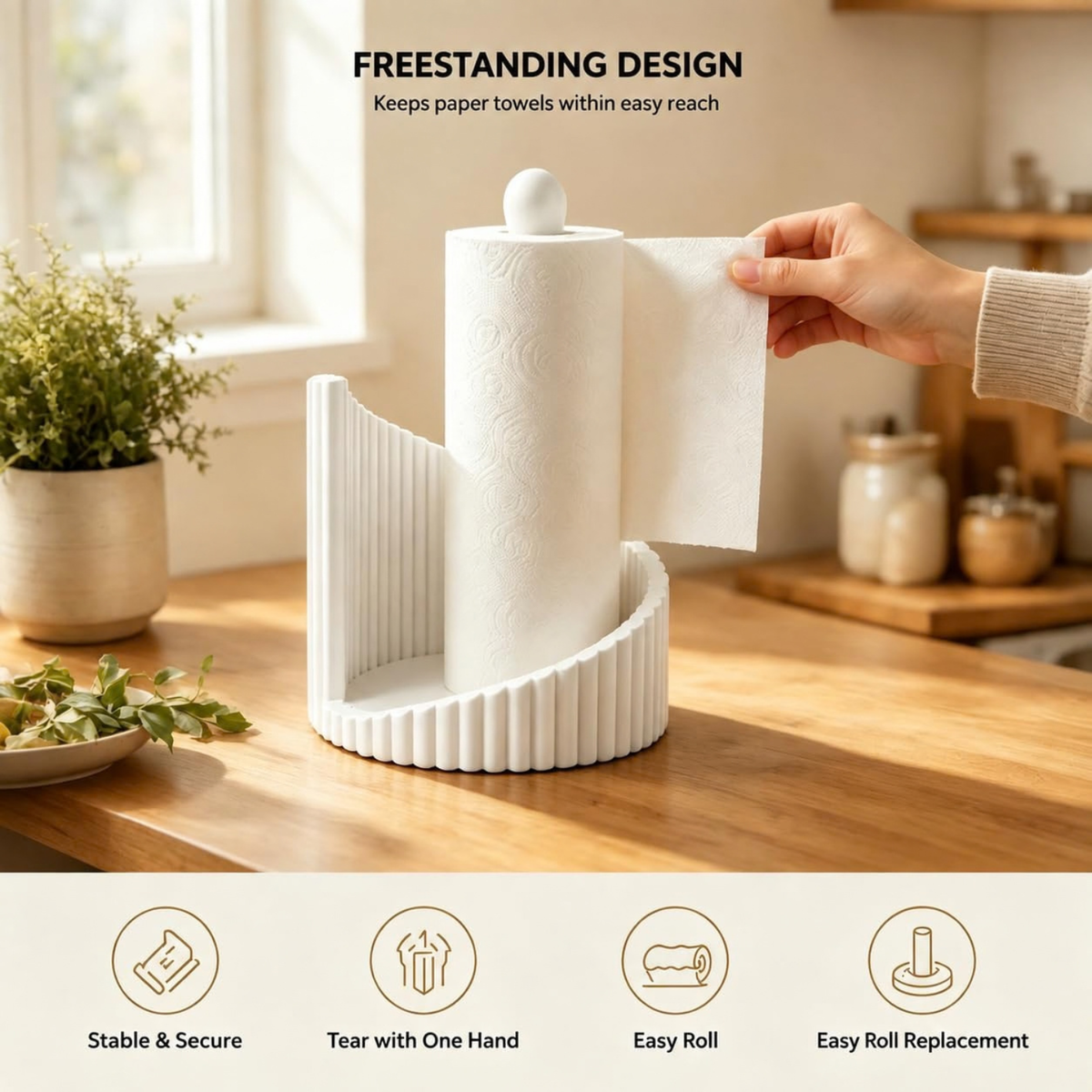 Ribbed Paper Towel Holder Kitchen Counter, Modern Countertop Roll Holder
