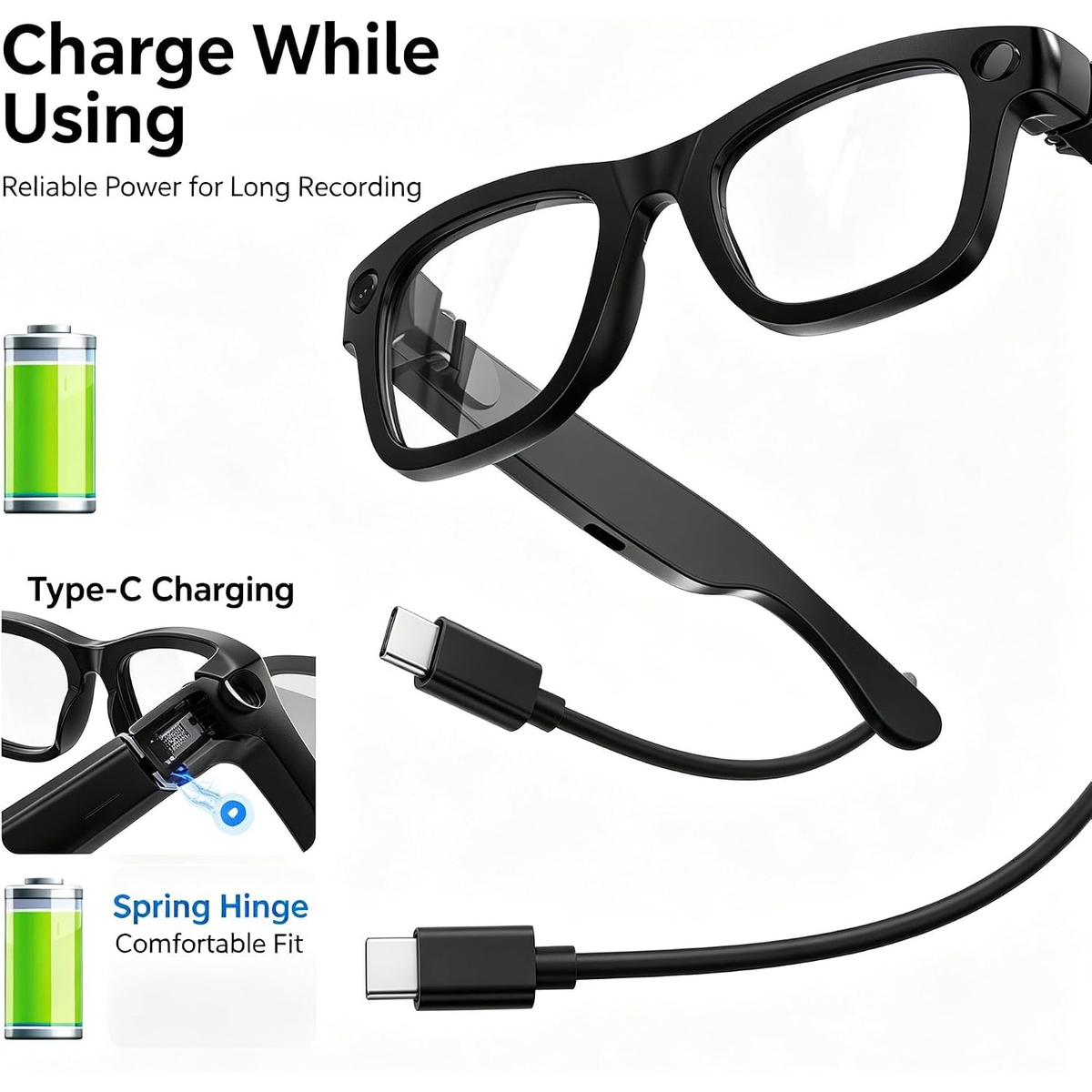 T200C Smart Glasses with Camera, 800W 1080P Video Recording, AI Stabilization
