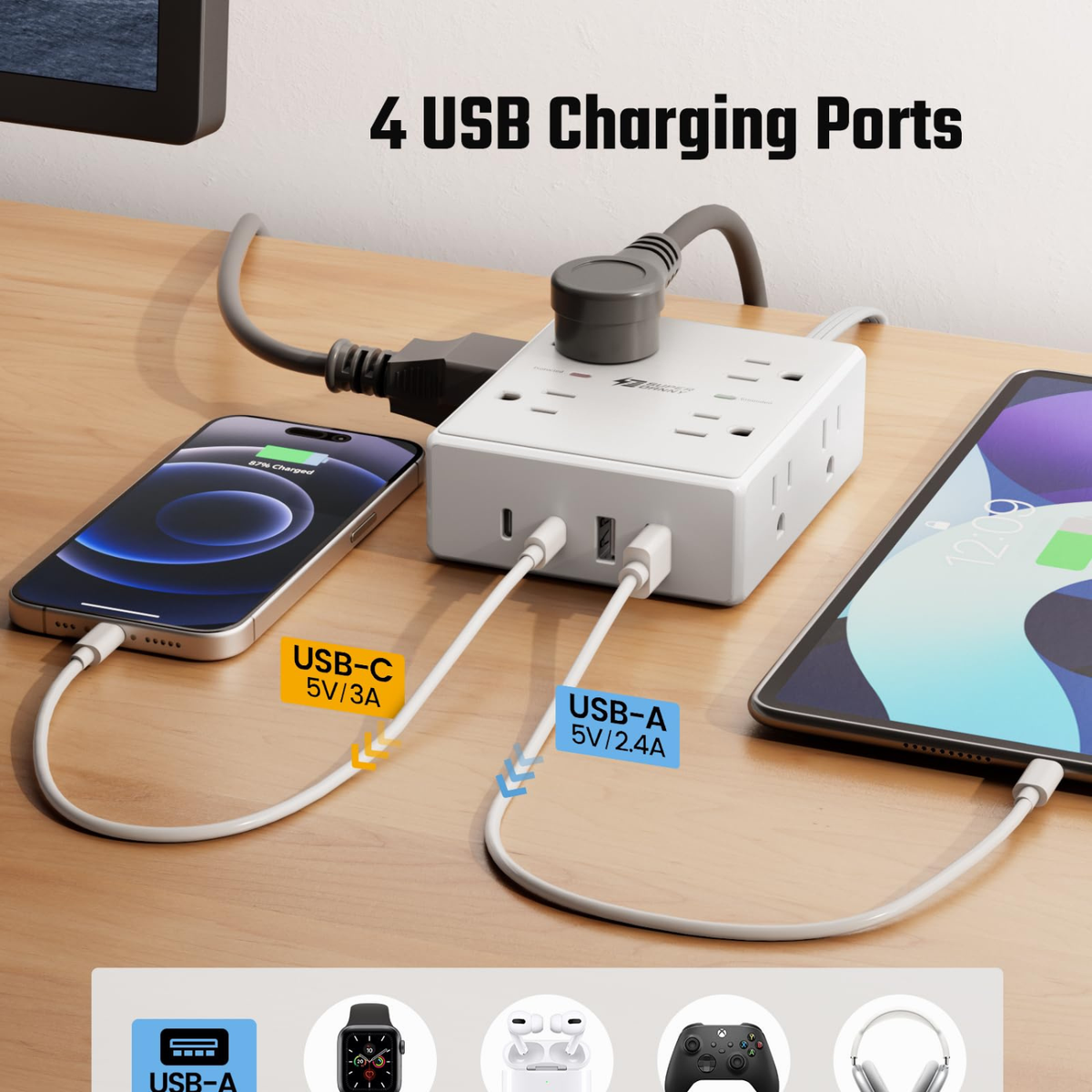 SUPERDANNY 10Ft Flat Plug Extension Cord Surge Protector Power Strip
