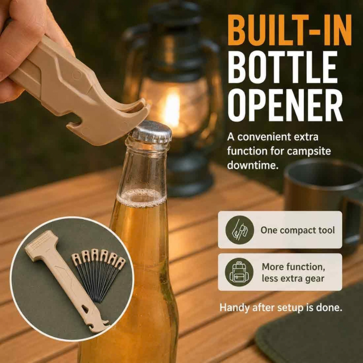 Tent Stake Hammer with 8 Steel Stakes, Peg Puller, Bottle Opener, Storage Handle
