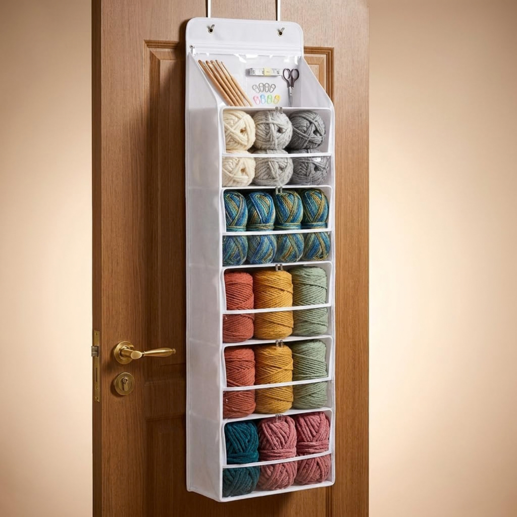 6-Tier Hanging Yarn Storage Organizer with Zippered Compartments and Mesh Pockets