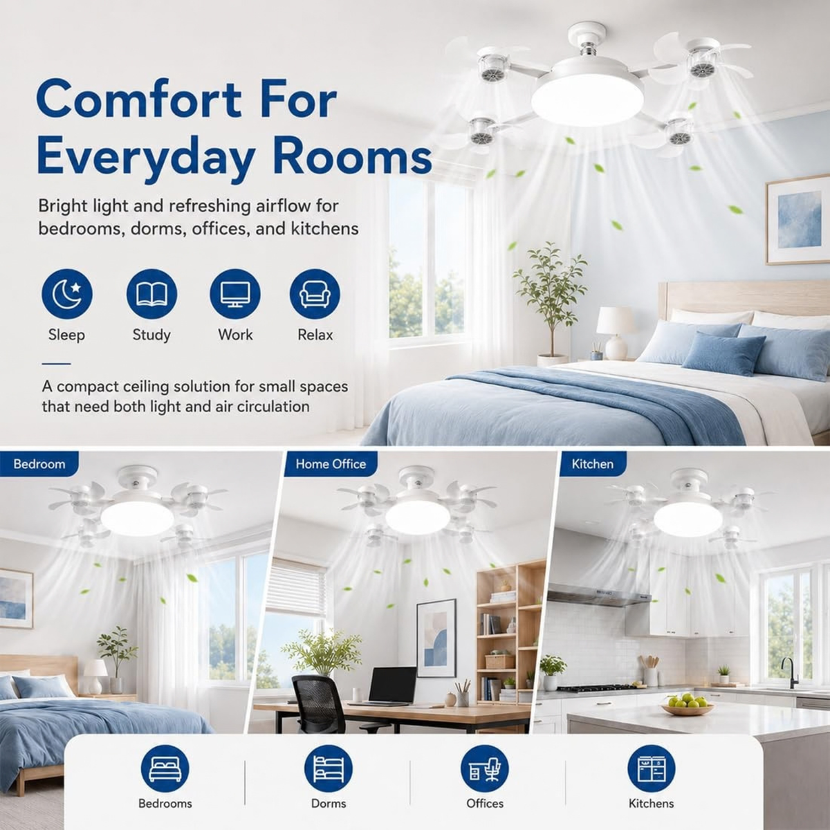 E27 Ceiling Fan Light, Silent LED Fan, Remote Control, 3 Speeds, Dimmable