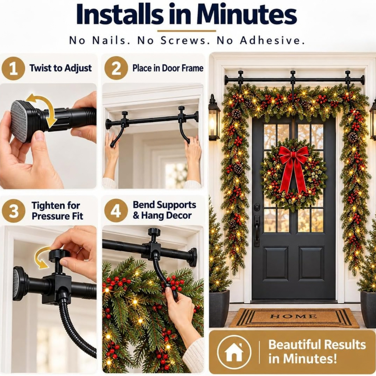 Garland Hanger for Front Door, Adjustable No Hardware Garland Hanger