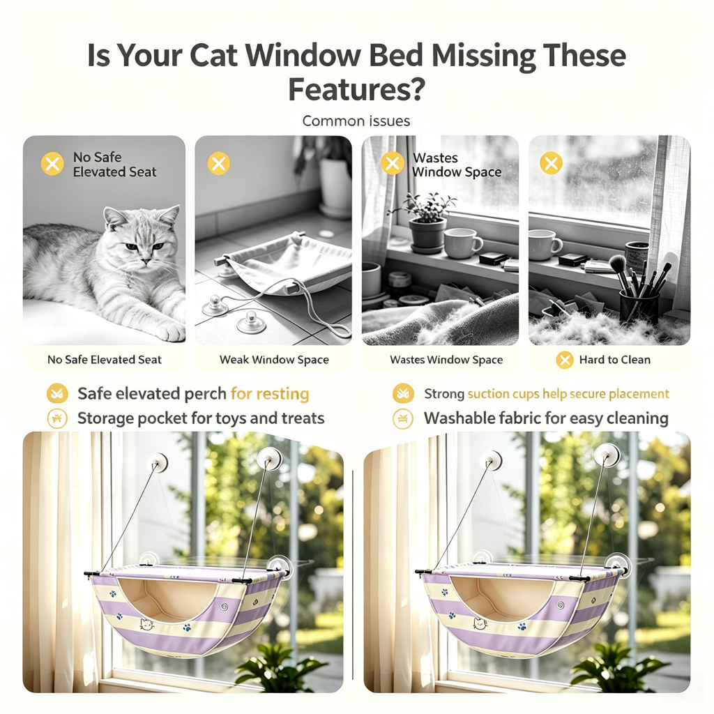 Cat Window Perch, Suction Cup Cat Hammock with Storage Pocket for Indoor (A)