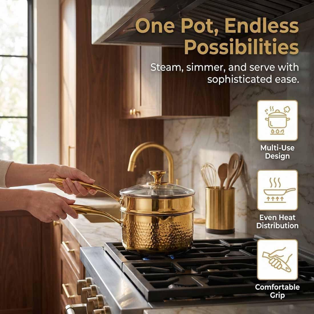 Pure Titanium Saucepan with Lid, Hammered Nonstick Pot for All Stovetops, Gold