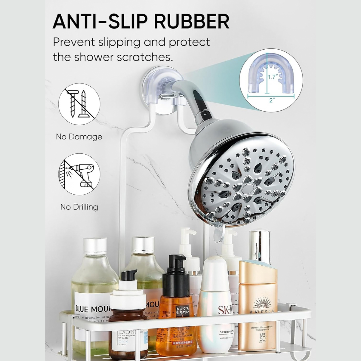 Anti-Swing Shower Caddy Hanging with 4 Hooks, No Drilling, Large Silver
