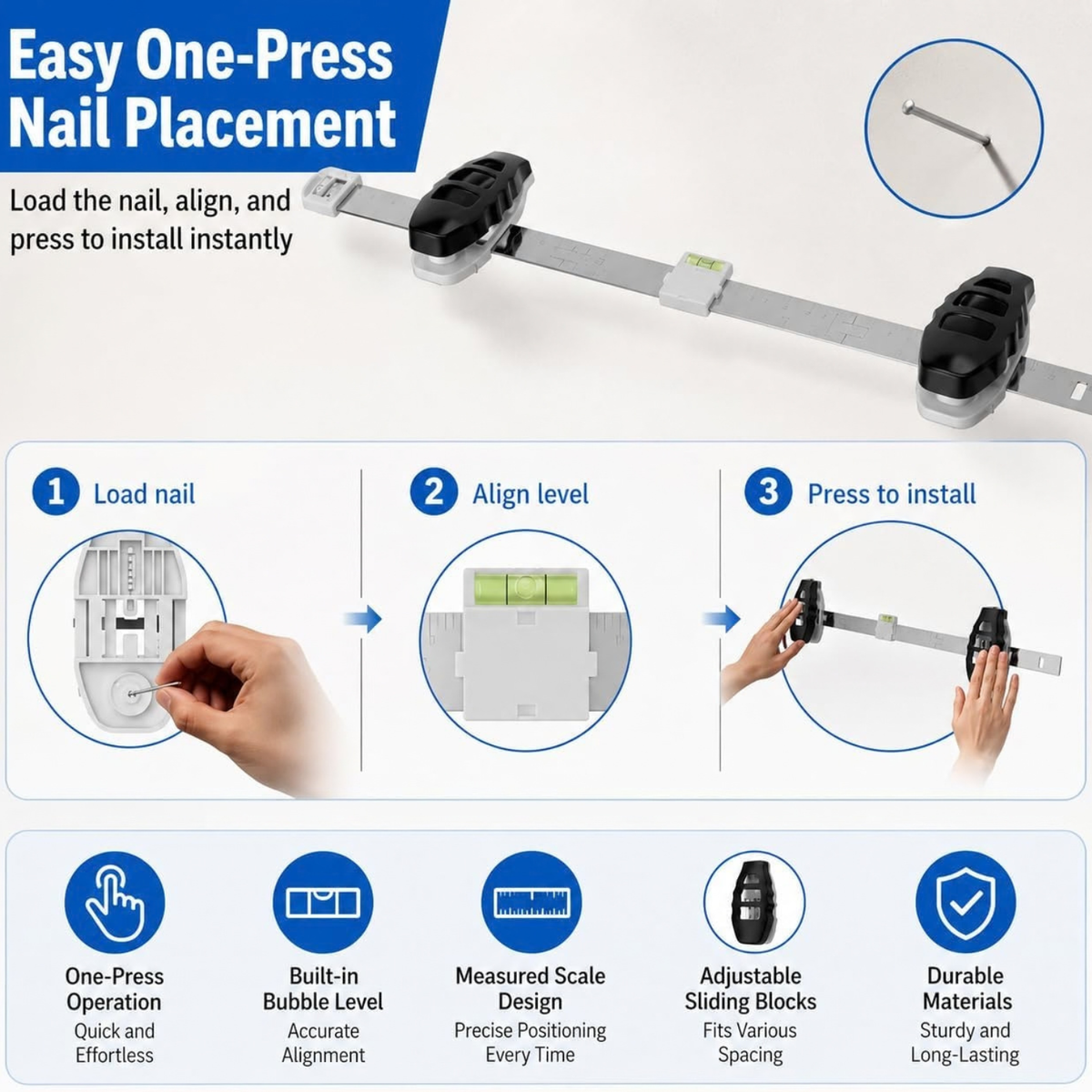 3-in-1 Picture Hanging Tool, All-in-One Art Hanging Kit with Leveling