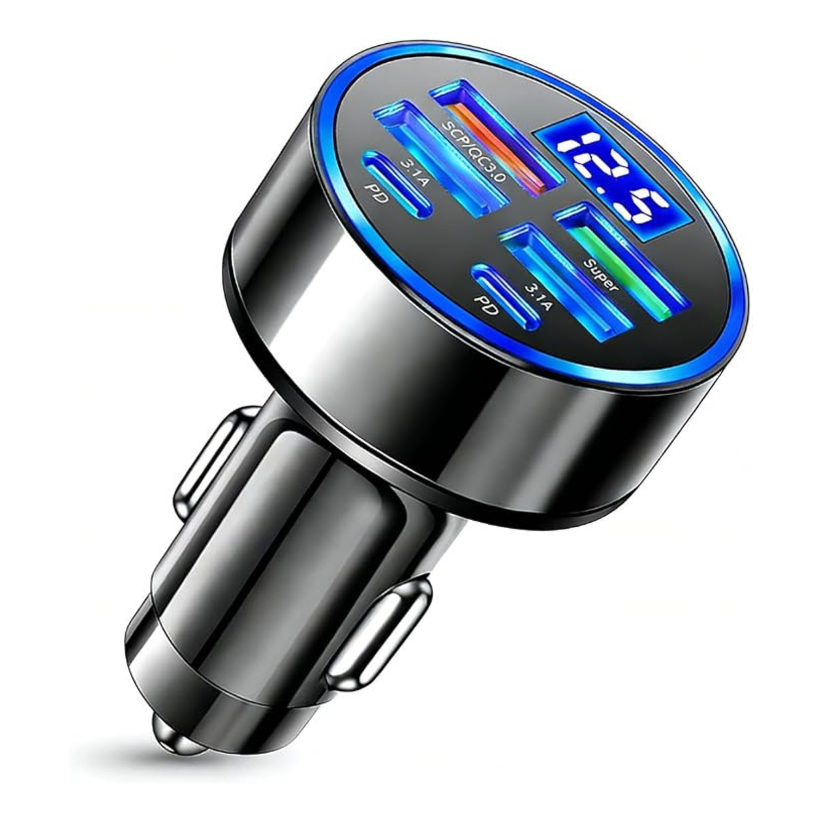 6-in-1 Multi-Port USB C Car Charger with LED Voltmeter
