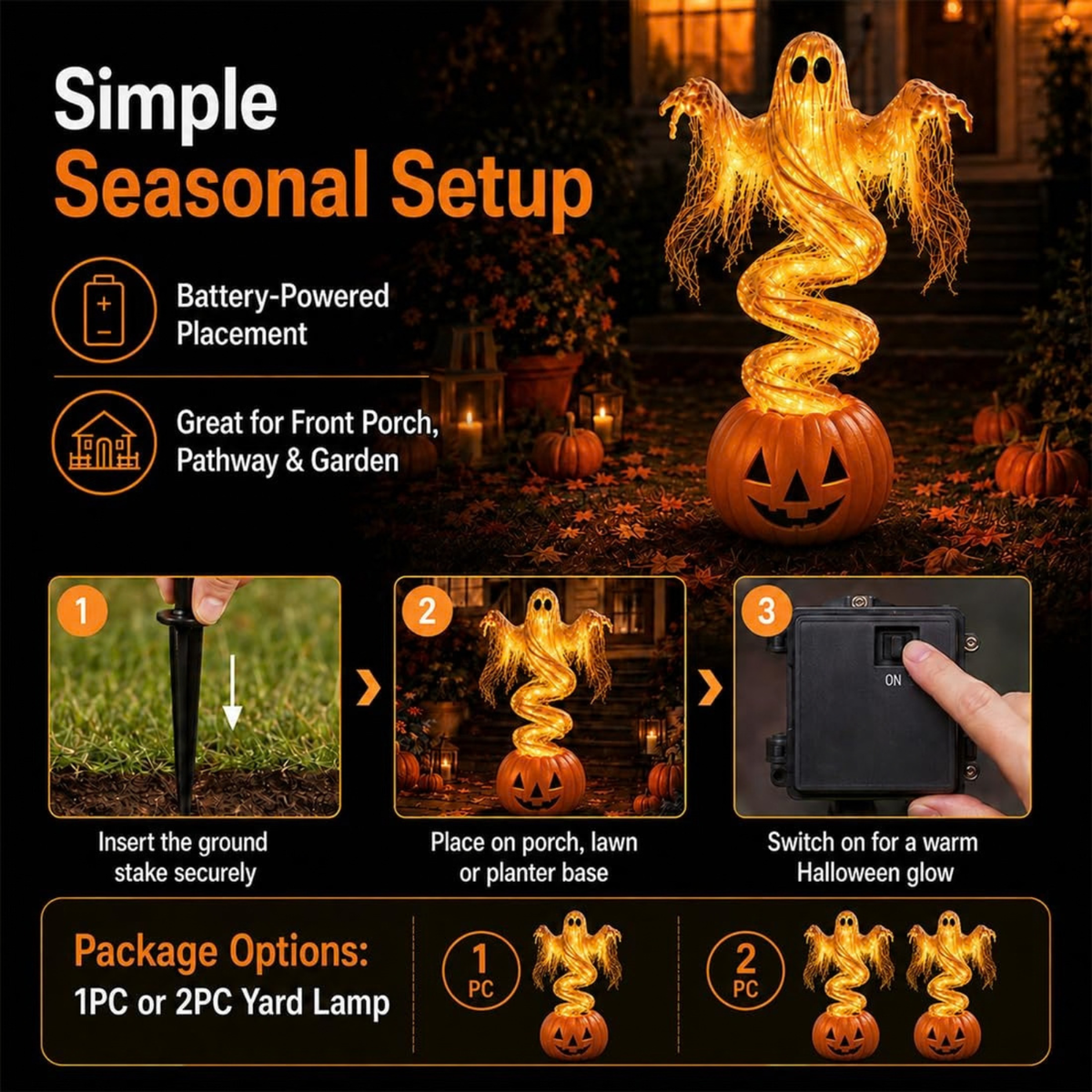 Swirling Ghost Pumpkin Yard Lamp, LED Halloween Ghost Glow Pumpkin Decor