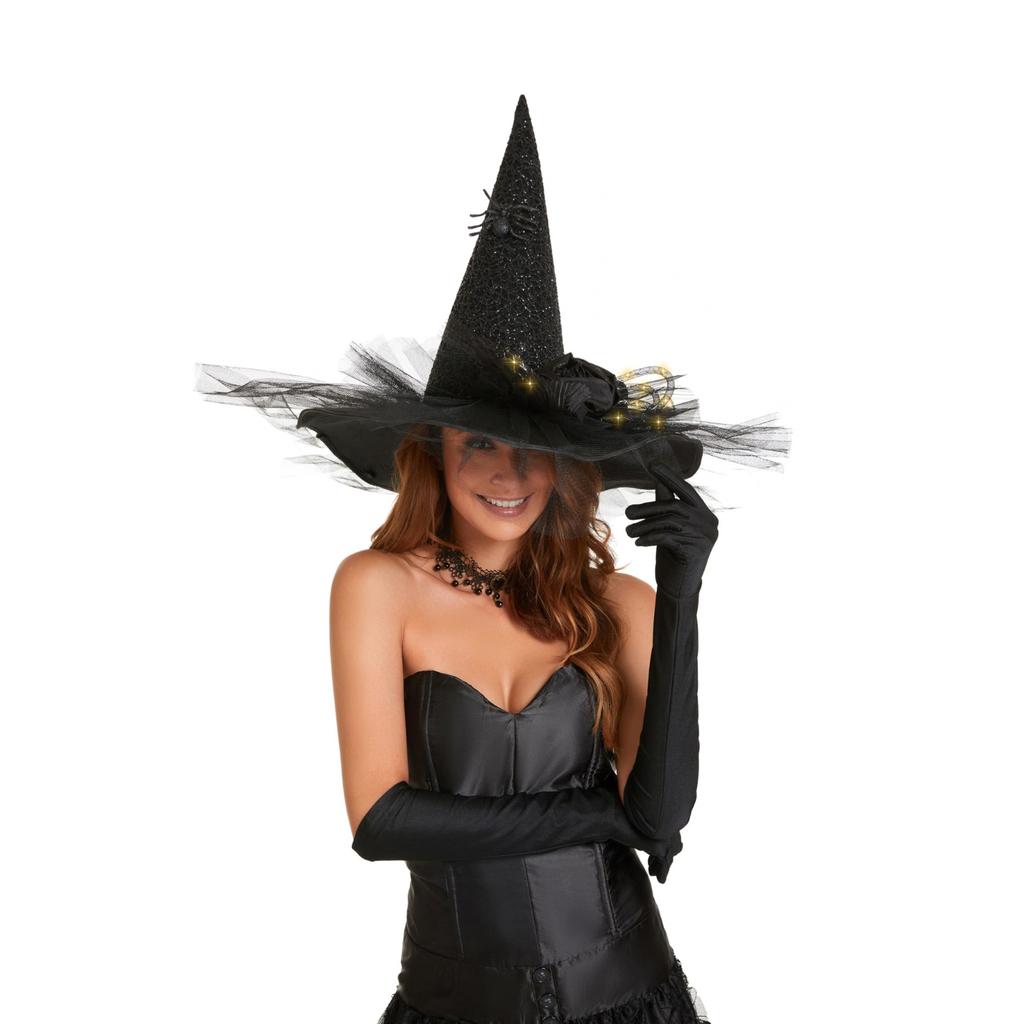 Women's LED Lighted Witch Hat Halloween Costume with Gauze Feathers