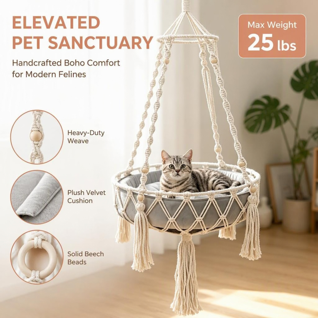 Cat Swing, Cats Hammock with Soft Cushion Handwoven Hanging Purr Swing Bed