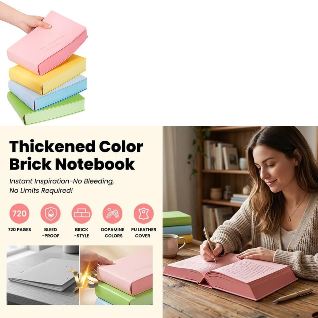 Thickened A5 Hardcover Notebook, 720 Pages, PU Leather Journal with Colored Paper, Pink