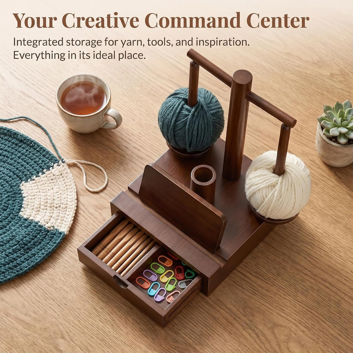 Wooden Yarn Holder with Magnetic Rotating Spinner, 2 Spindles & Storage Box