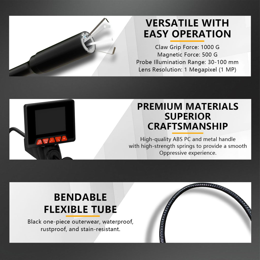 KeFvoer N3 Industrial Endoscope Borescope with Retractable Grabber Claw & Magnet Tip, 2.8" IPS Screen, 1MP Inspection Camera, 6 LED Lights, Flexible Cable for Plumbing & Engine Repair