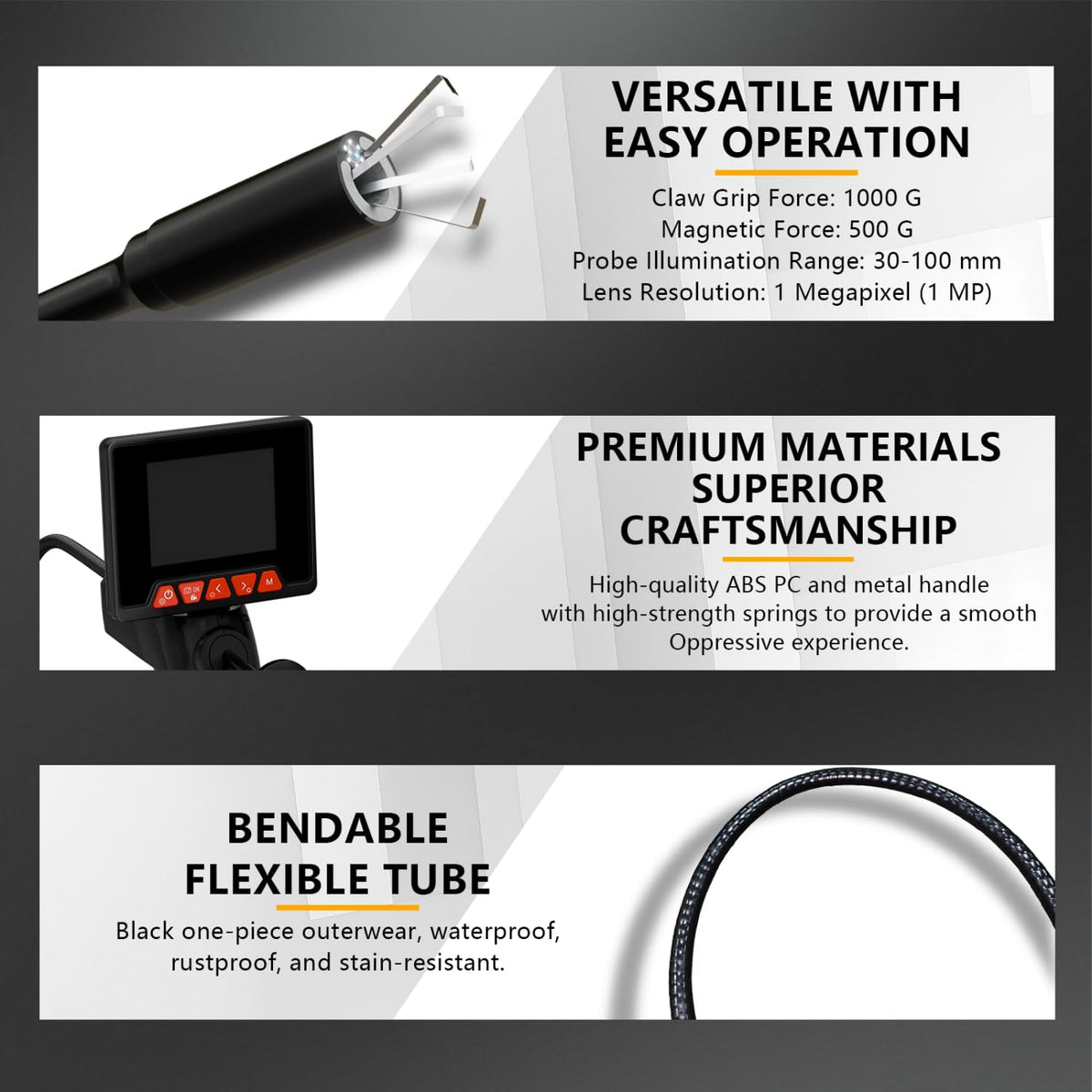 KeFvoer N3 Industrial Endoscope Borescope with Retractable Grabber Claw & Magnet Tip, 2.8" IPS Screen, 1MP Inspection Camera, 6 LED Lights, Flexible Cable for Plumbing & Engine Repair