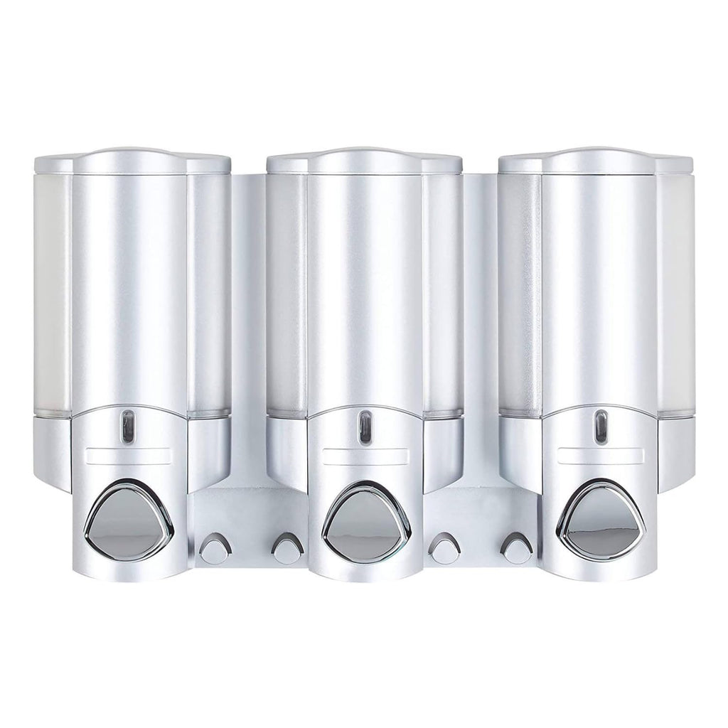 Better Living Products 3 Chamber Wall Mount Soap Dispenser - Triple Manual Liquid Pump for Shampoo, Conditioner & Shower Gel - Refillable Dispenser Set with Storage Hooks for Bathroom