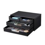 4-Drawer Leather Desktop Organizer Box, PU Leather Mini Storage Drawer Case, Office Desk Countertop Organizer Caddy for Stationery, Bills, Jewelry, Crafts, Accessories