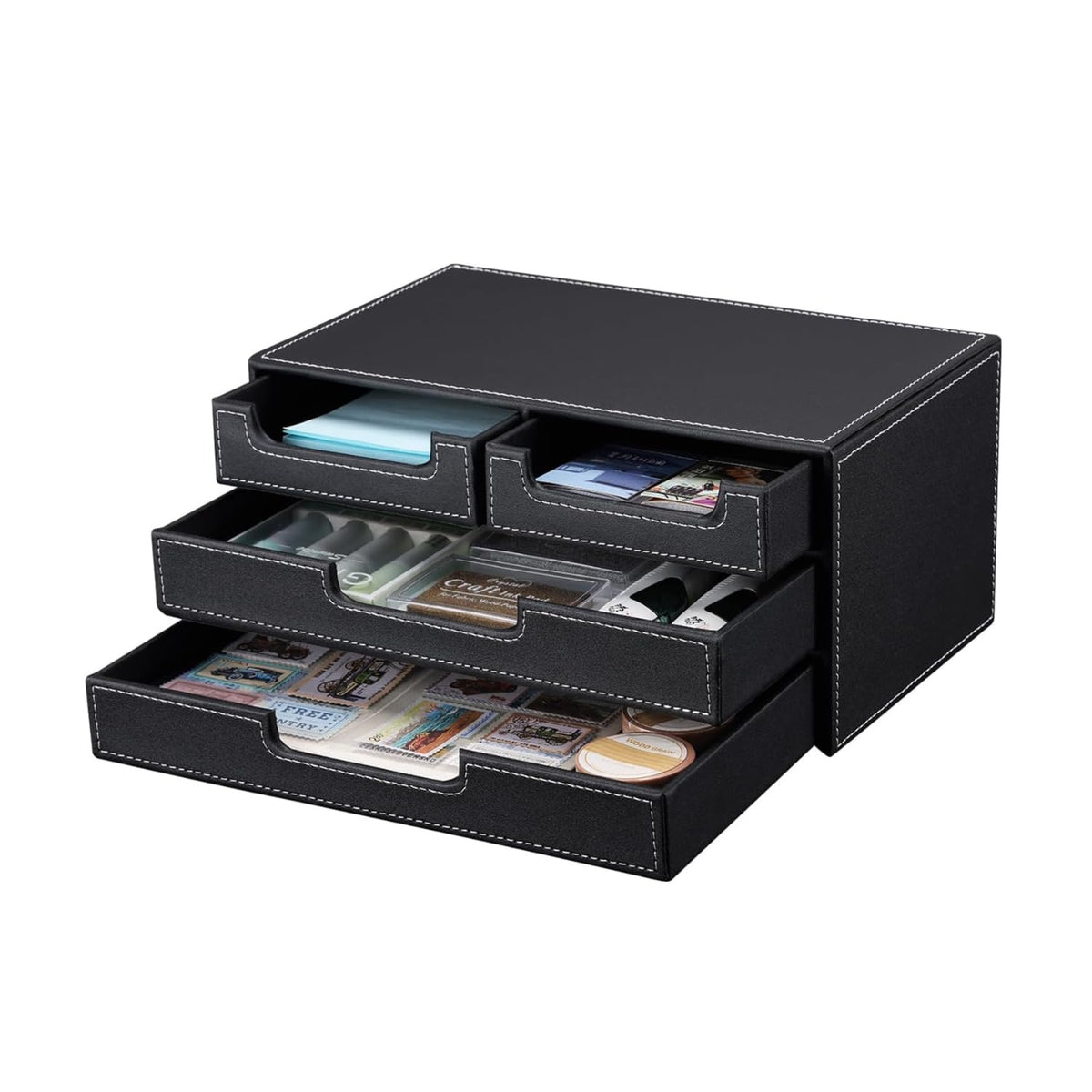 4-Drawer Leather Desktop Organizer Box, PU Leather Mini Storage Drawer Case, Office Desk Countertop Organizer Caddy for Stationery, Bills, Jewelry, Crafts, Accessories