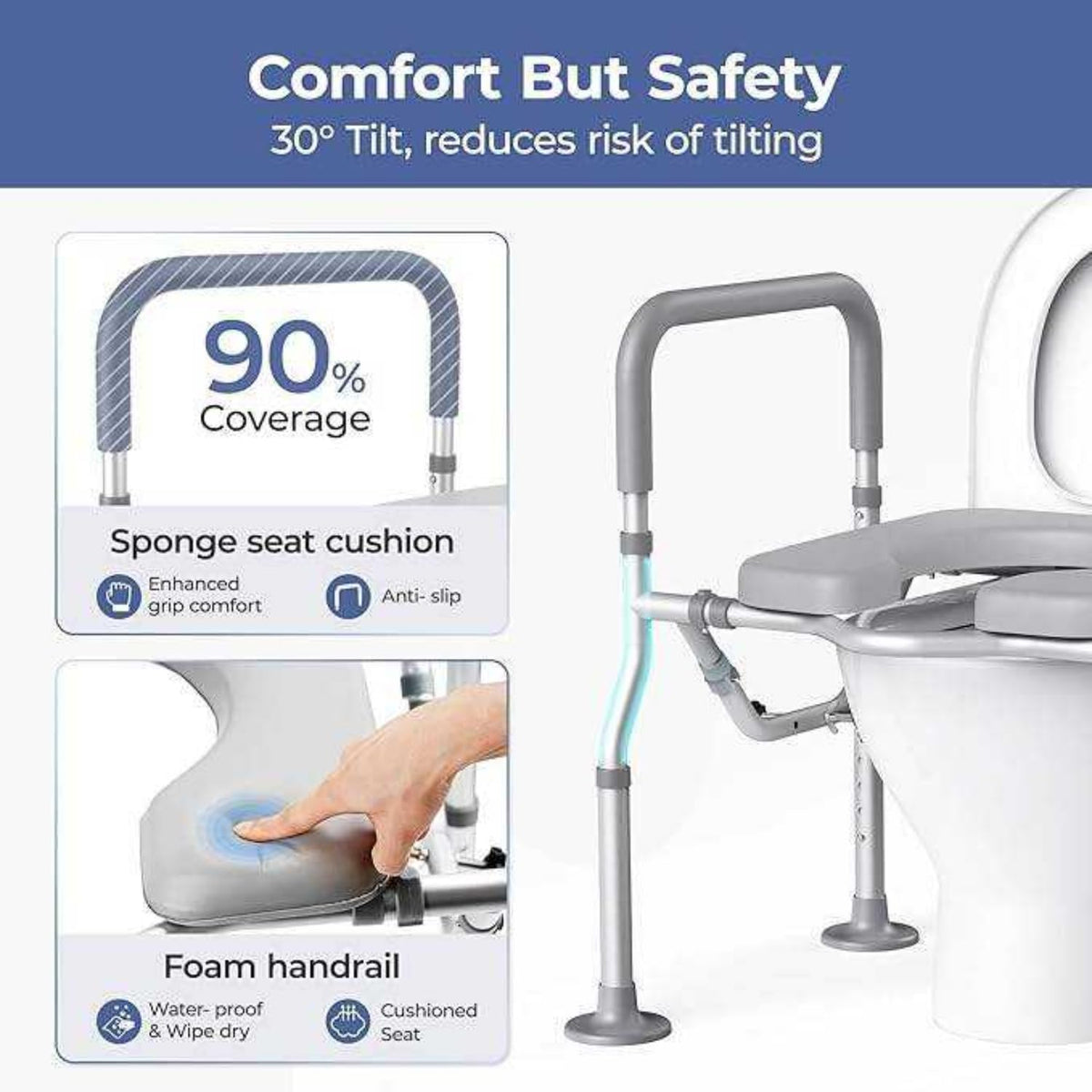 GAOBO Large Elevated Toilet Seat with Arms - Heavy Duty 400 lbs Aluminum Raised Toilet Seat Frame for Seniors, Handicap - 5 Height Adjustable Soft Padded Cushion Safety Rails, Post-Surgery Recovery