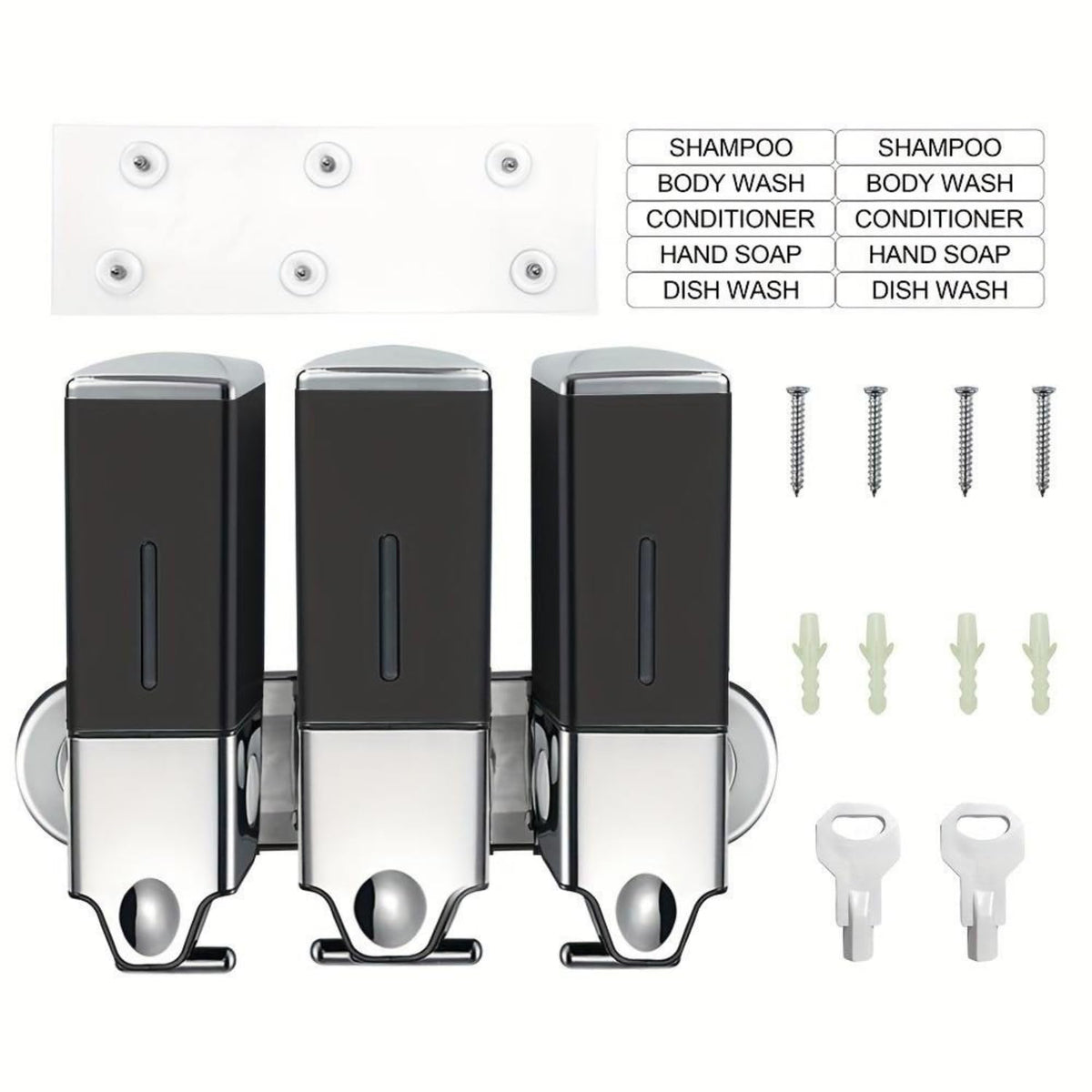3 Chamber Wall Mount Soap Dispenser - 1500ml (3x500ml) Drill-Free Adhesive Shower Dispenser with Metal Pull Rod