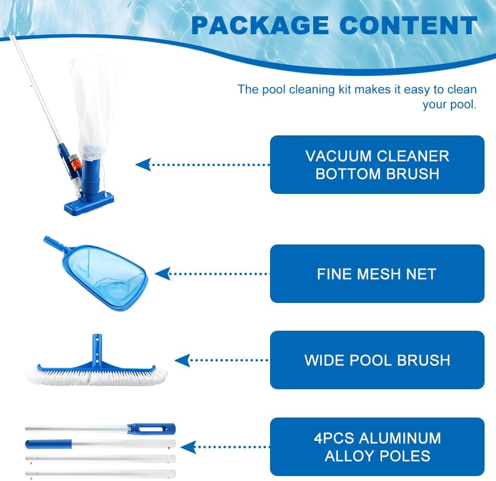 Pool Skimmer Net, Swimming Pool Cleaning Kit, Vacuum Cleaner Bottom Brush Mesh Leaf Bag Semi-deep Skimmer Net & Adjustable 47-61in Pole