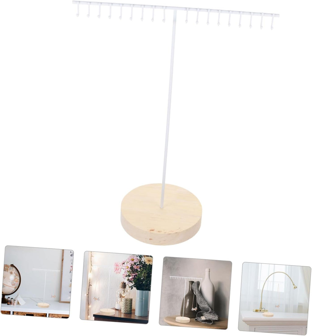 Iron Jewelry Stand Display Rack with Hook for Necklaces White Wood Accent, Reusable Tabletop Organizer, Holds Bracelets and Accessories, Home or Shop Display