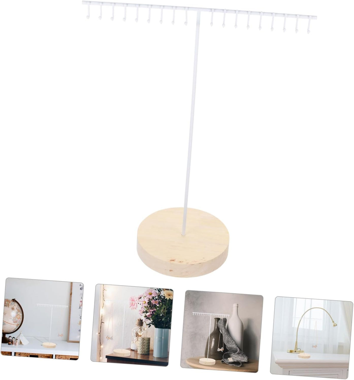 Iron Jewelry Stand Display Rack with Hook for Necklaces White Wood Accent, Reusable Tabletop Organizer, Holds Bracelets and Accessories, Home or Shop Display