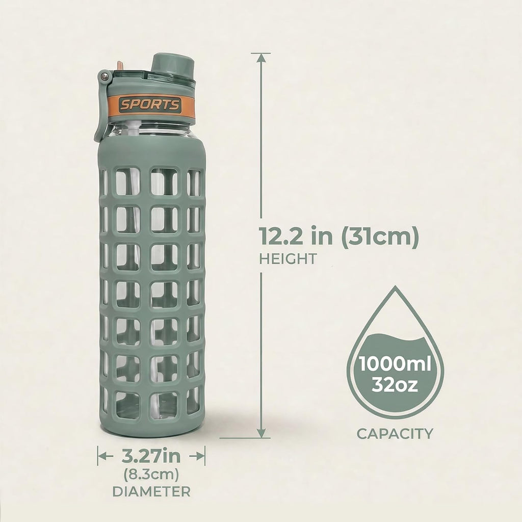 32 oz Borosilicate Glass Water Bottle, 2-in-1 Lid with Silicone Sleeve, Green