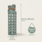32 oz Borosilicate Glass Water Bottle, 2-in-1 Lid with Silicone Sleeve, Green
