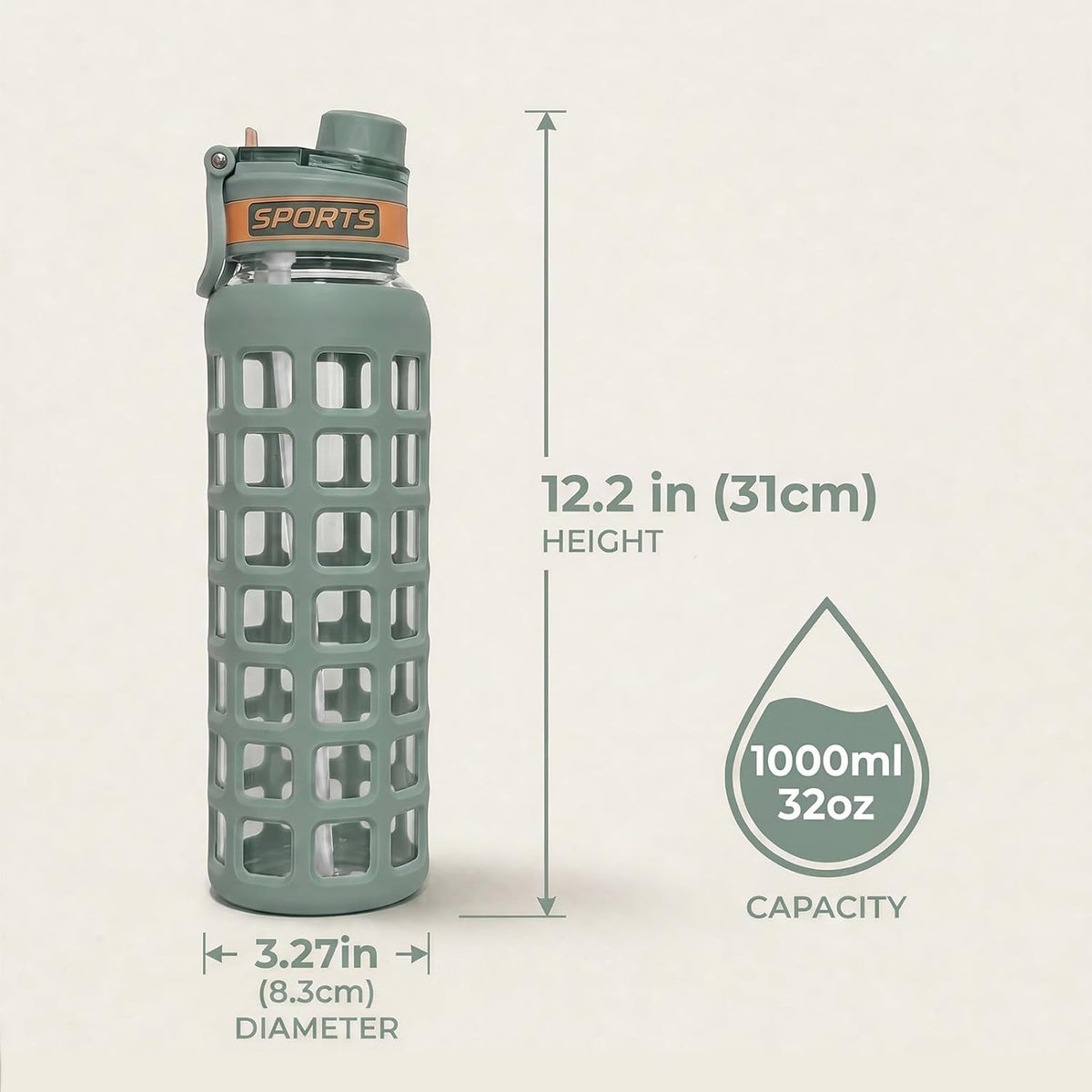 32 oz Borosilicate Glass Water Bottle, 2-in-1 Lid with Silicone Sleeve, Green