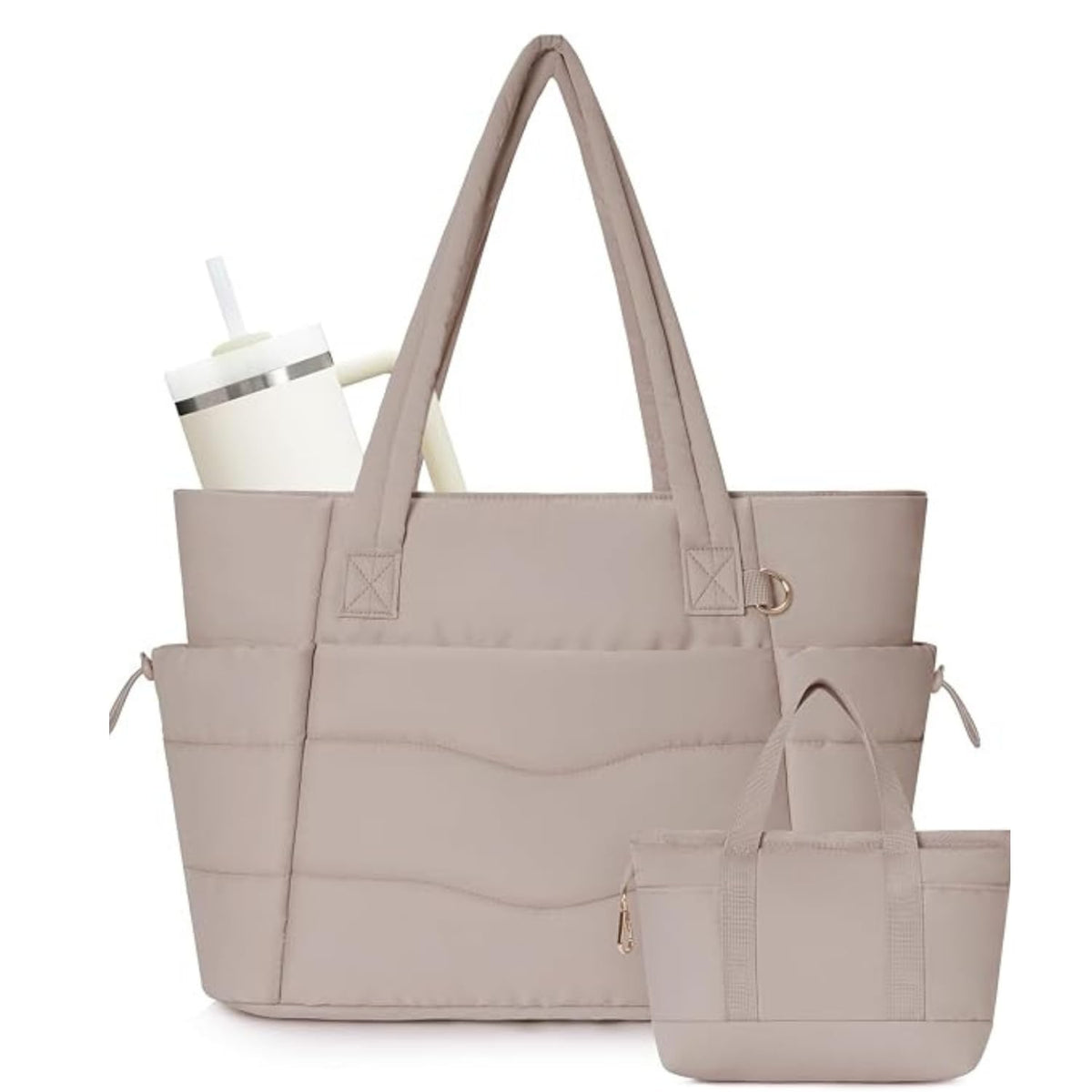 Puffer Work Tote Bag with Tumbler Holder, 2 Pcs Set Nurse Bag with 15.6 Inch Padded Laptop Sleeve & Trolley Sleeve