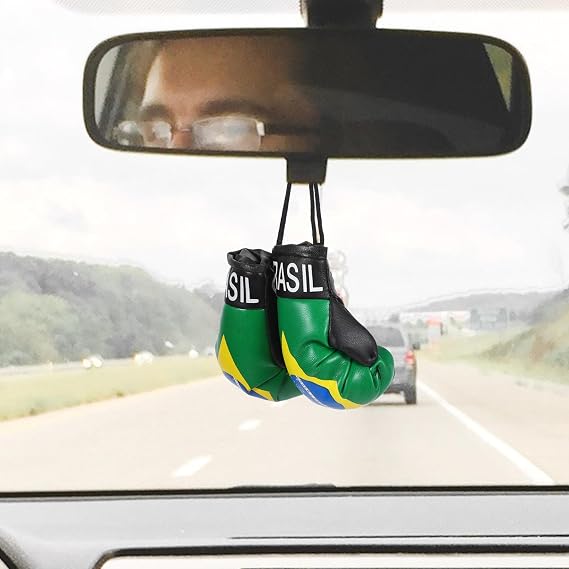 Brazil Flag Mini Boxing Gloves Keychain Pair Hanging Decor PVC Cotton Build, for Bags and Keys, Patriotic Style, Fine Workmanship, 1 Pair Set